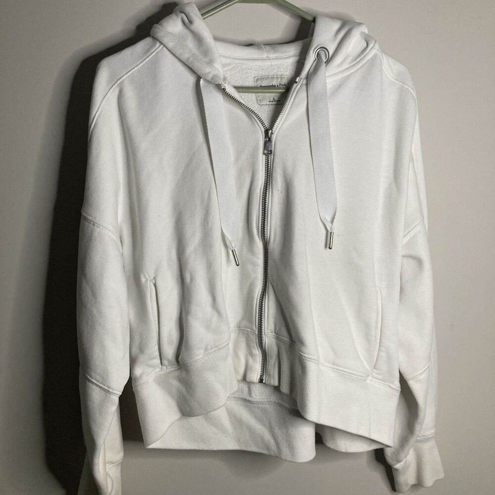 Abercrombie & Fitch Hoodie Womens Medium White Cropped Soft Zip Up Sweatshirt